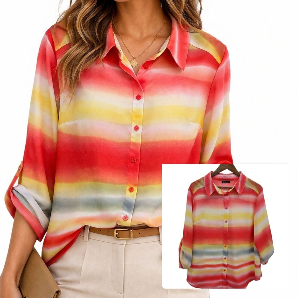 ALYX Striped Button Up Blouse Roll Tab Sleeve Chiffon Lightweight Work XL
